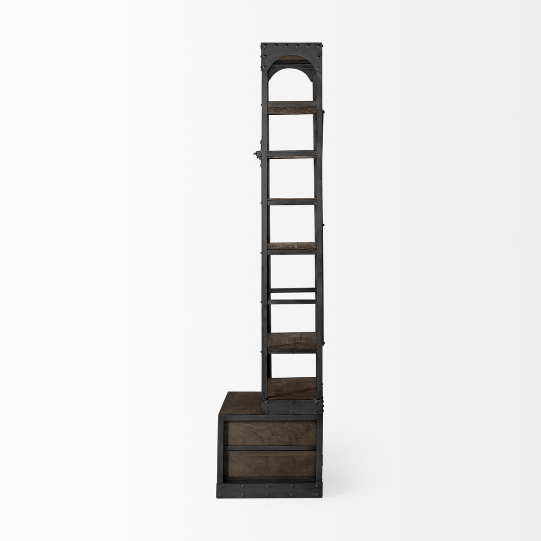 Brodie VII Brown Wood Gun-Metal Bracing Four Shelf Shelving Unit Living Room Mercana