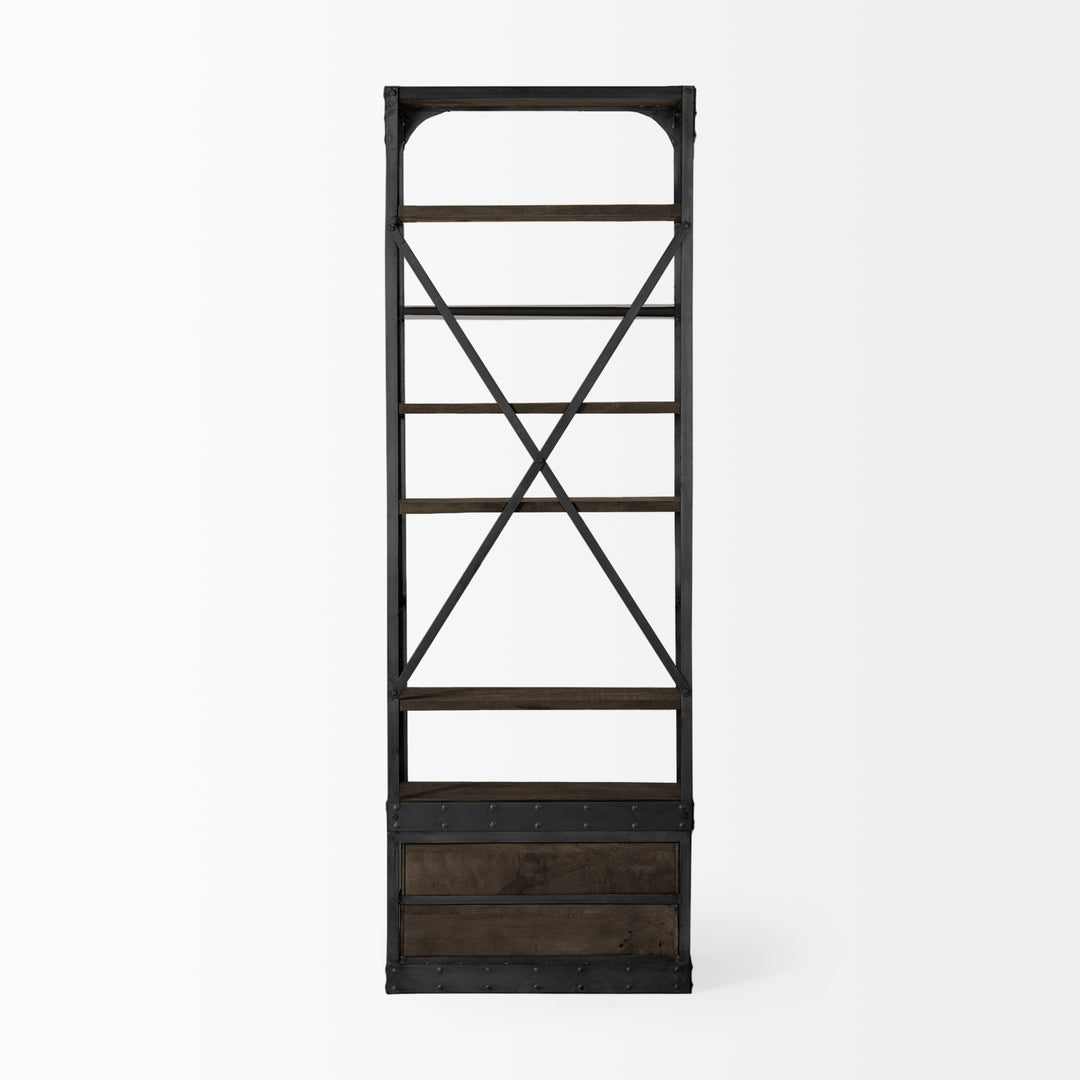 Brodie VII Brown Wood Gun-Metal Bracing Four Shelf Shelving Unit Living Room Mercana