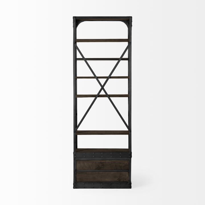 Brodie VII Brown Wood Gun-Metal Bracing Four Shelf Shelving Unit Living Room Mercana