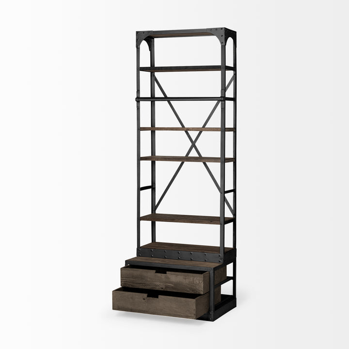 Brodie VII Brown Wood Gun-Metal Bracing Four Shelf Shelving Unit Living Room Mercana