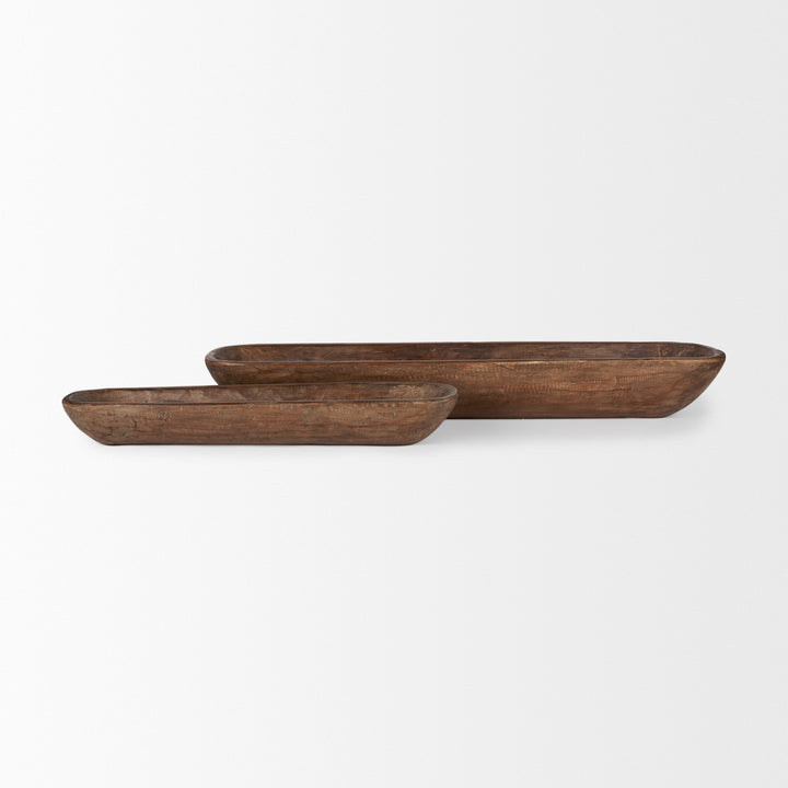 Athena Set of 2 Extra Large Medium Brown Reclaimed Wood Trays Decor Mercana