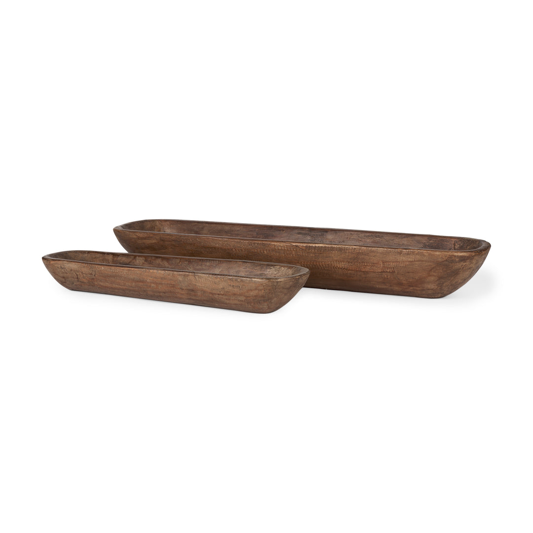 Athena Set of 2 Extra Large Medium Brown Reclaimed Wood Trays Decor Mercana