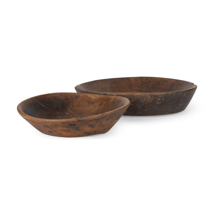 Nikita Set of 2 Large Medium Brown Reclaimed Wood Bowls Decor Mercana