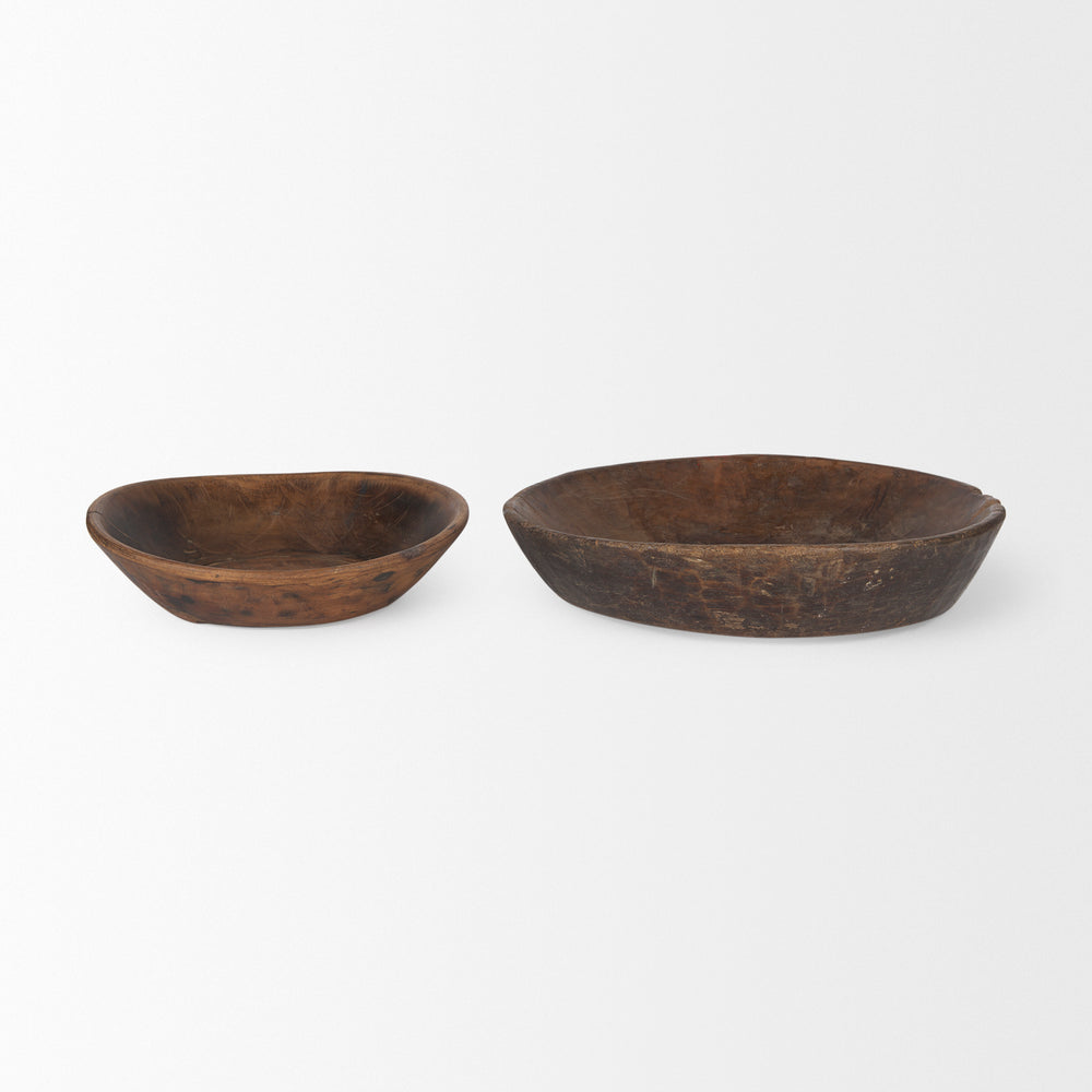 Nikita Set of 2 Large Medium Brown Reclaimed Wood Bowls Decor Mercana