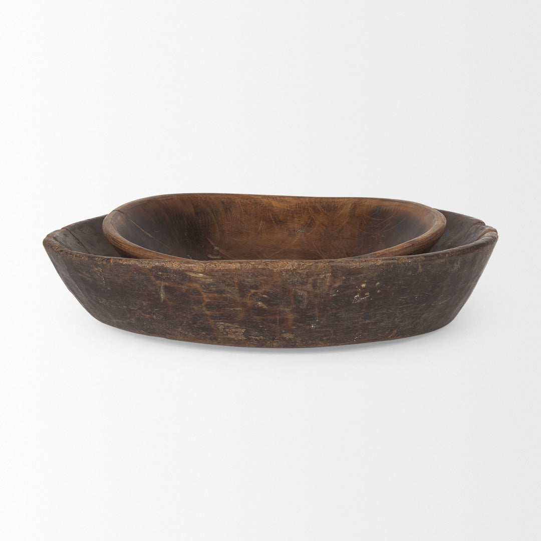 Nikita Set of 2 Large Medium Brown Reclaimed Wood Bowls Decor Mercana