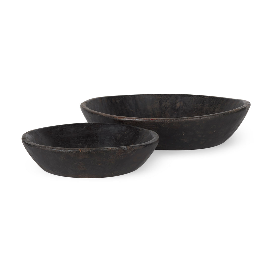 Nikita Set of 2 Large Black-Brown Reclaimed Wood Bowls Decor Mercana