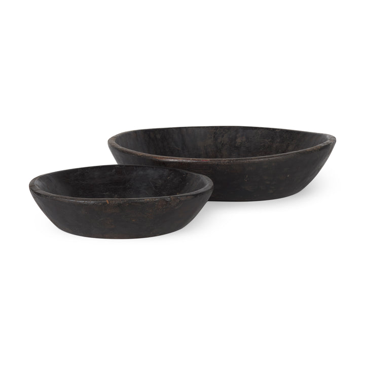 Nikita Set of 2 Large Black-Brown Reclaimed Wood Bowls Decor Mercana