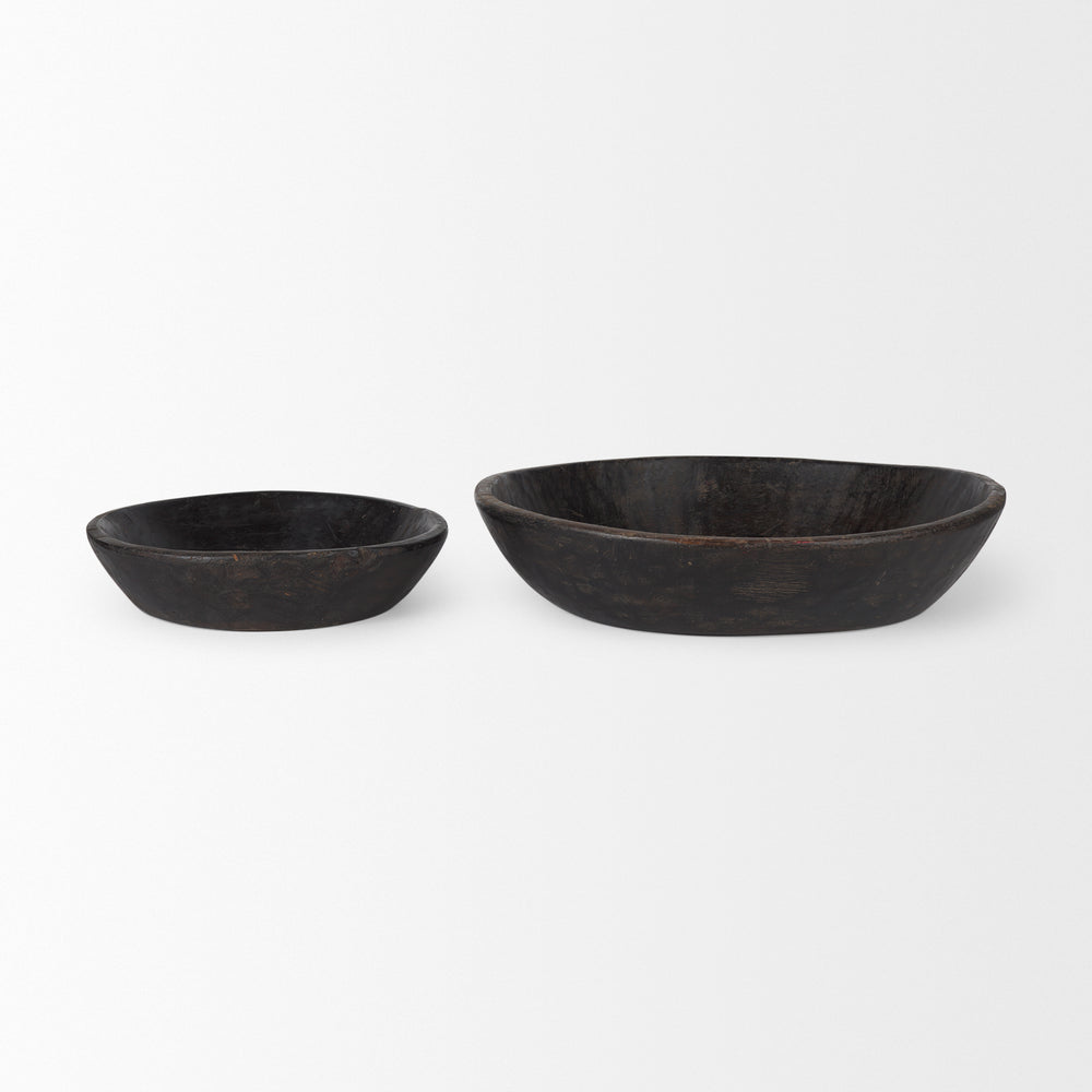 Nikita Set of 2 Large Black-Brown Reclaimed Wood Bowls Decor Mercana