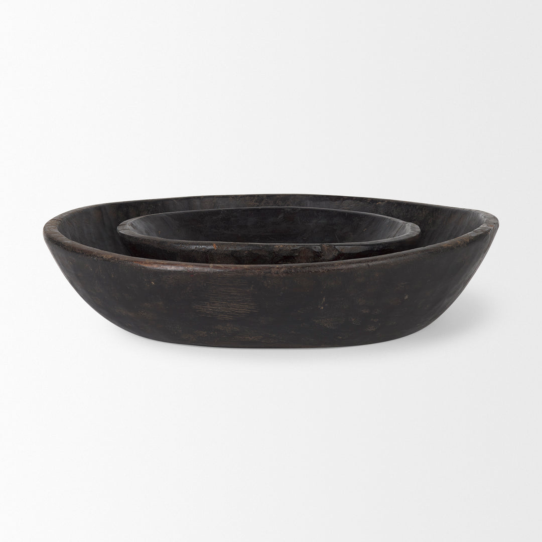 Nikita Set of 2 Large Black-Brown Reclaimed Wood Bowls Decor Mercana