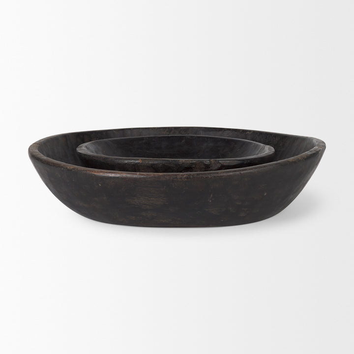 Nikita Set of 2 Large Black-Brown Reclaimed Wood Bowls Decor Mercana
