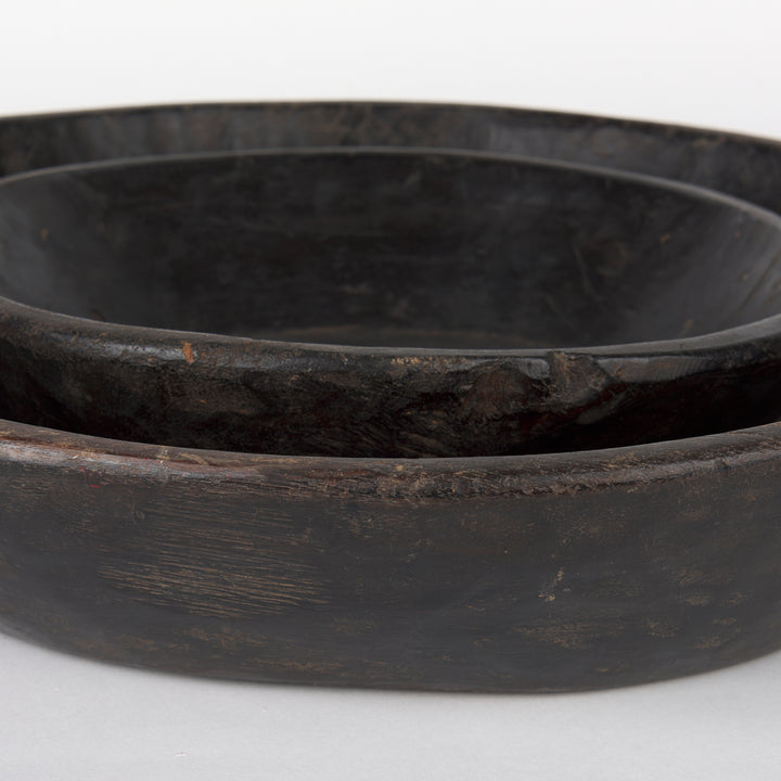 Nikita Set of 2 Large Black-Brown Reclaimed Wood Bowls Decor Mercana