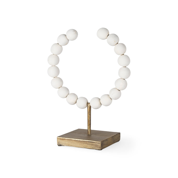 Pontchartrain I (Small) 9L x 5W White Beaded Broken Sphere Decorative Object W/ Gold Base Decor Mercana