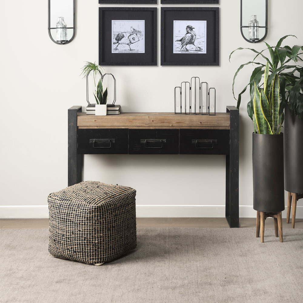 Aalia Charcoal Leather and Jute Pouf Living Room Mercana