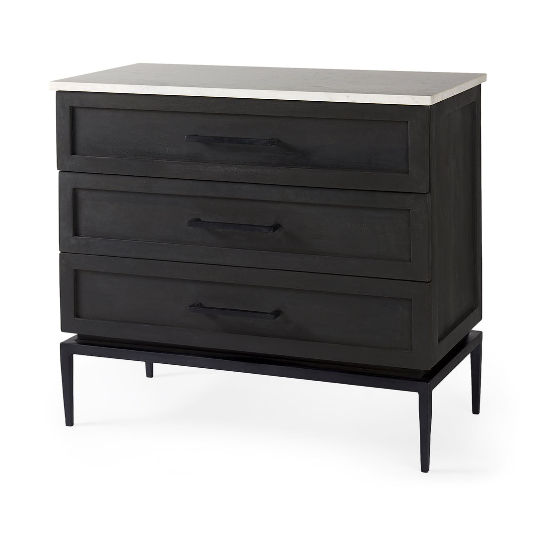 Divina Black-Brown Wood w/ White Marble Top and Black Metal Base Accent Cabinet Decor Mercana