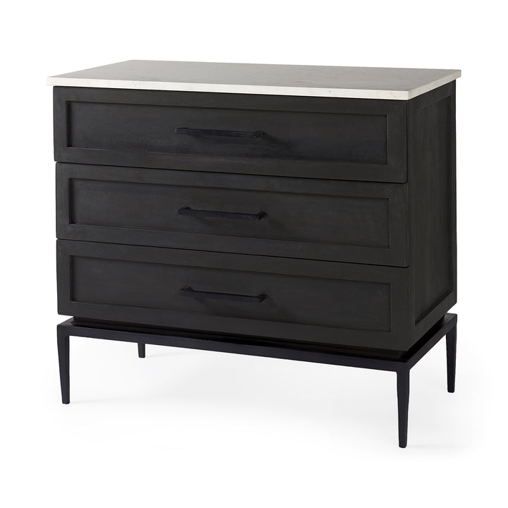 Divina Black-Brown Wood w/ White Marble Top and Black Metal Base Accent Cabinet Decor Mercana