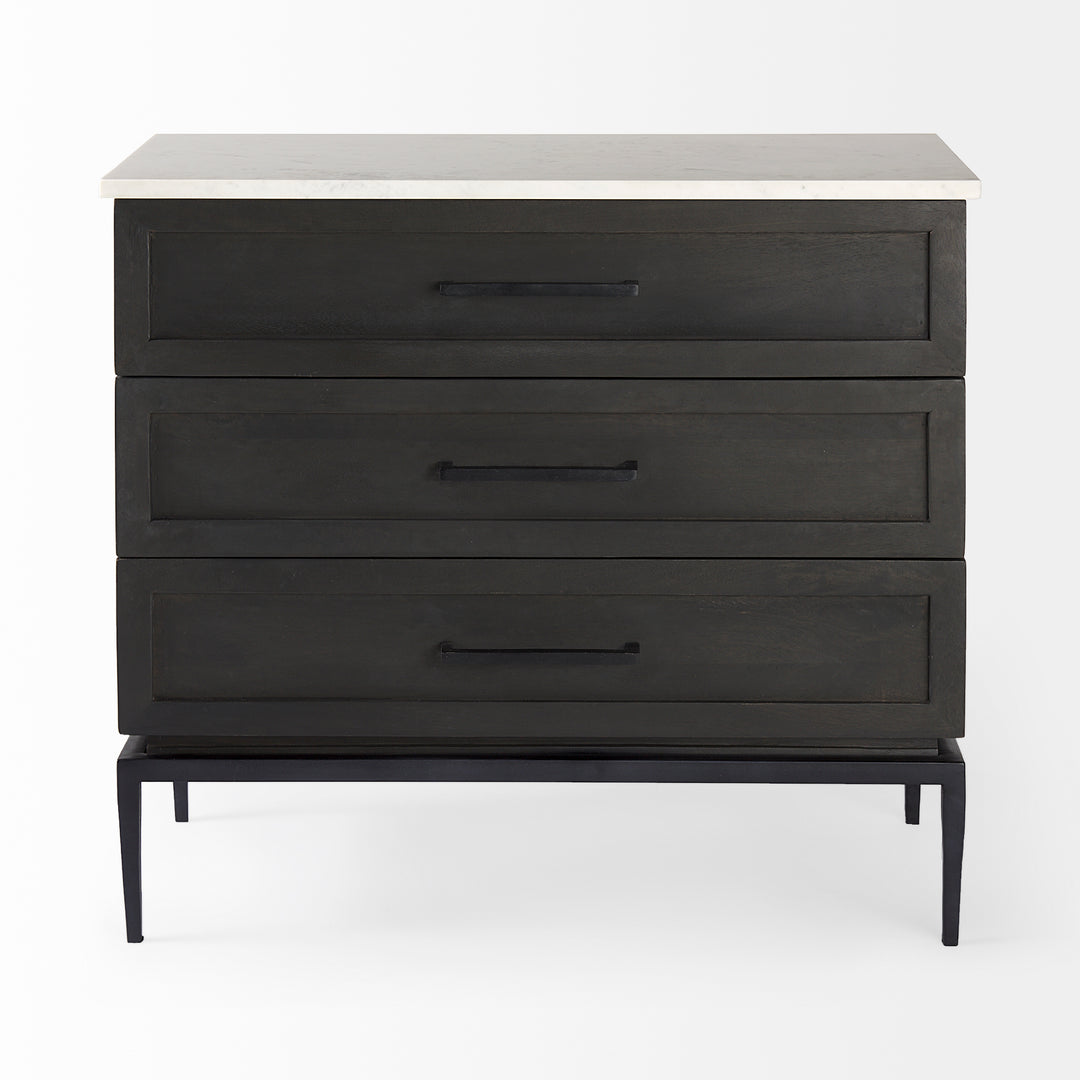 Divina Black-Brown Wood w/ White Marble Top and Black Metal Base Accent Cabinet Decor Mercana