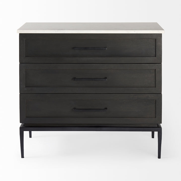 Divina Black-Brown Wood w/ White Marble Top and Black Metal Base Accent Cabinet Decor Mercana