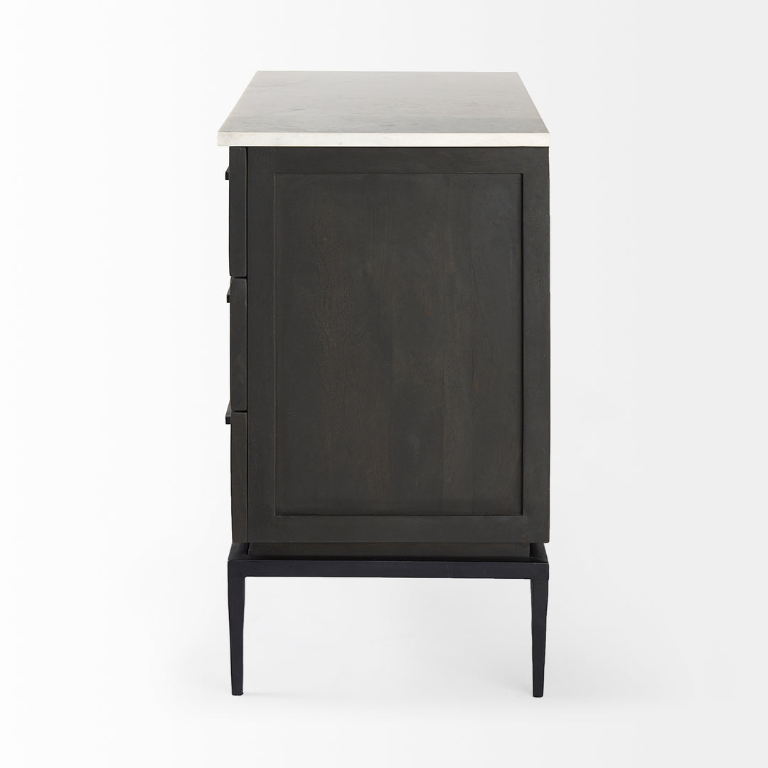 Divina Black-Brown Wood w/ White Marble Top and Black Metal Base Accent Cabinet Decor Mercana