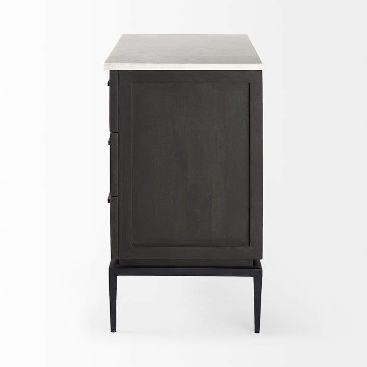 Divina Black-Brown Wood w/ White Marble Top and Black Metal Base Accent Cabinet Decor Mercana