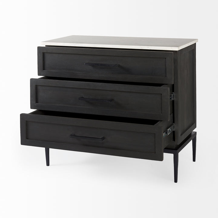 Divina Black-Brown Wood w/ White Marble Top and Black Metal Base Accent Cabinet Decor Mercana