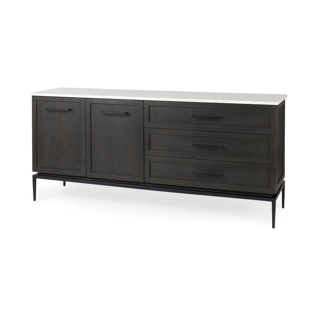 Divina Black-Brown Wood w/ White Marble Top and Black Metal Base Sideboard Dining Room Mercana