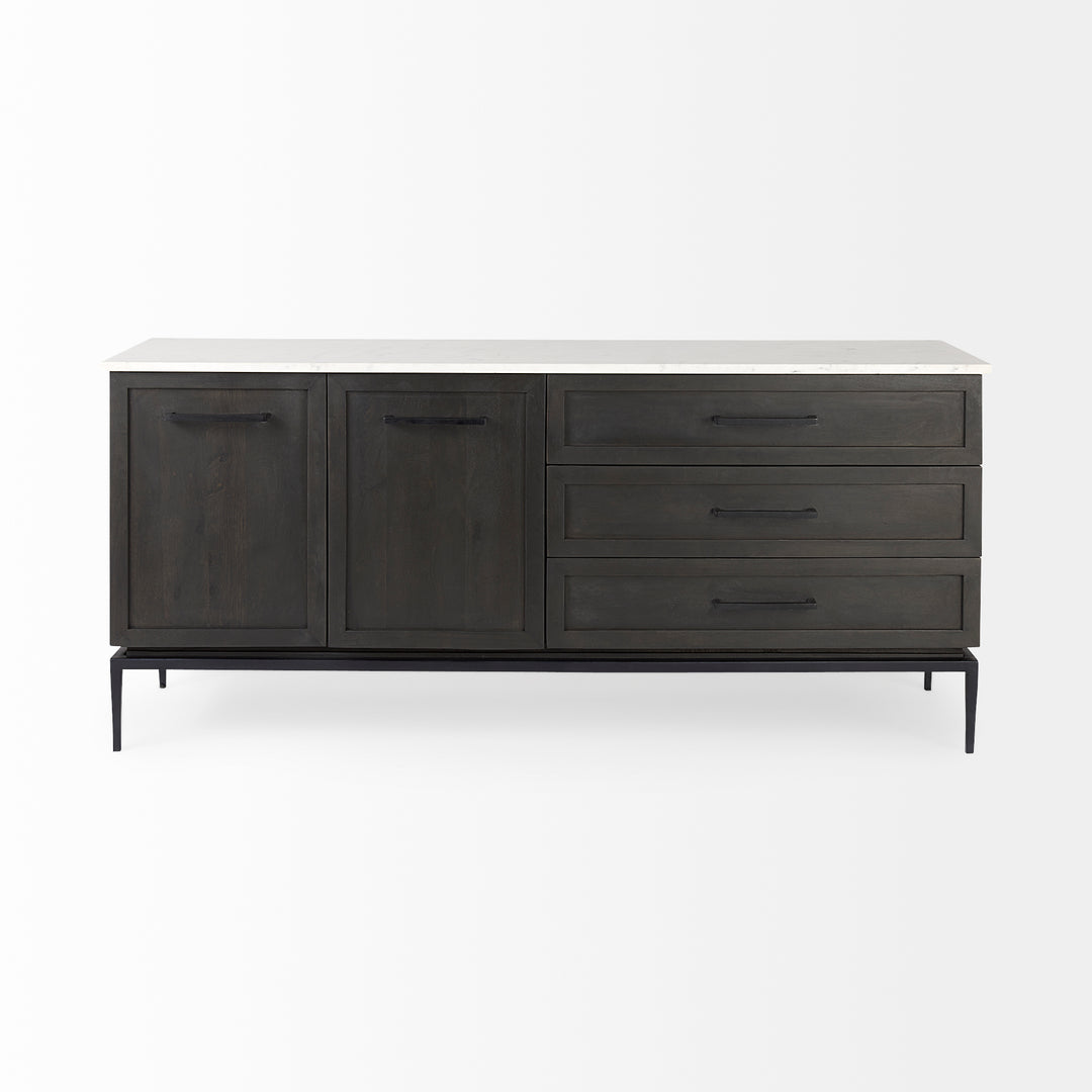 Divina Black-Brown Wood w/ White Marble Top and Black Metal Base Sideboard Dining Room Mercana