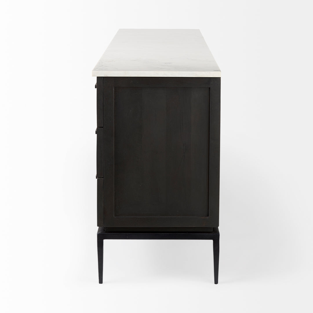 Divina Black-Brown Wood w/ White Marble Top and Black Metal Base Sideboard Dining Room Mercana