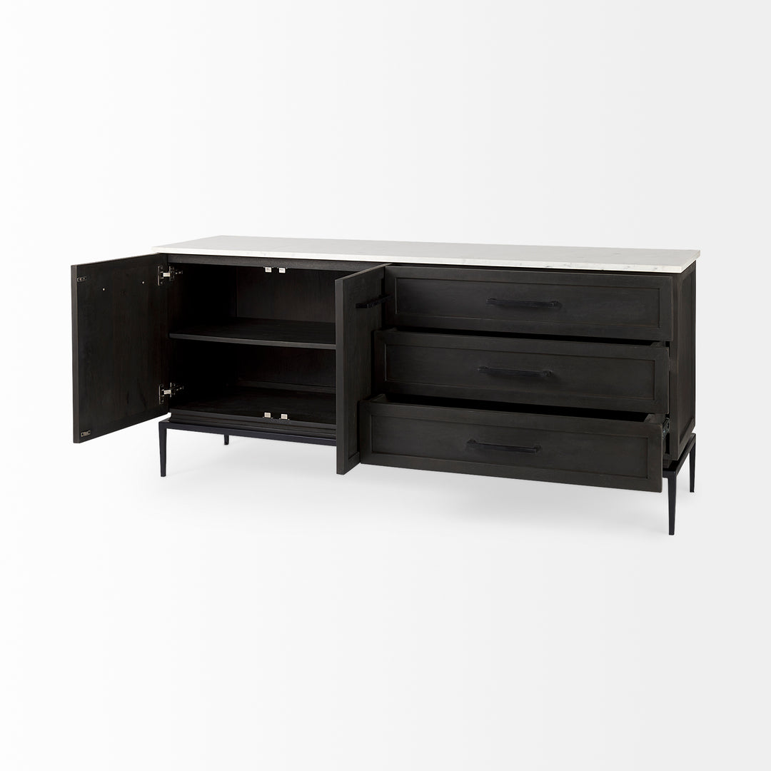 Divina Black-Brown Wood w/ White Marble Top and Black Metal Base Sideboard Dining Room Mercana