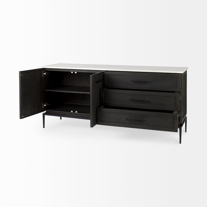 Divina Black-Brown Wood w/ White Marble Top and Black Metal Base Sideboard Dining Room Mercana