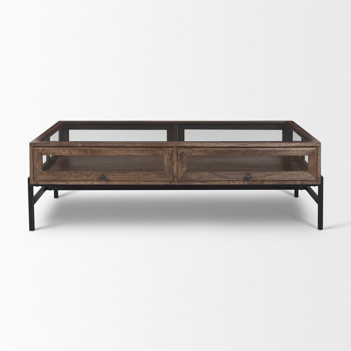 Arelius Rectangular Glass-Top Medium Brown Wood w/ Black Metal Base Display Coffee Table Living Room Mercana