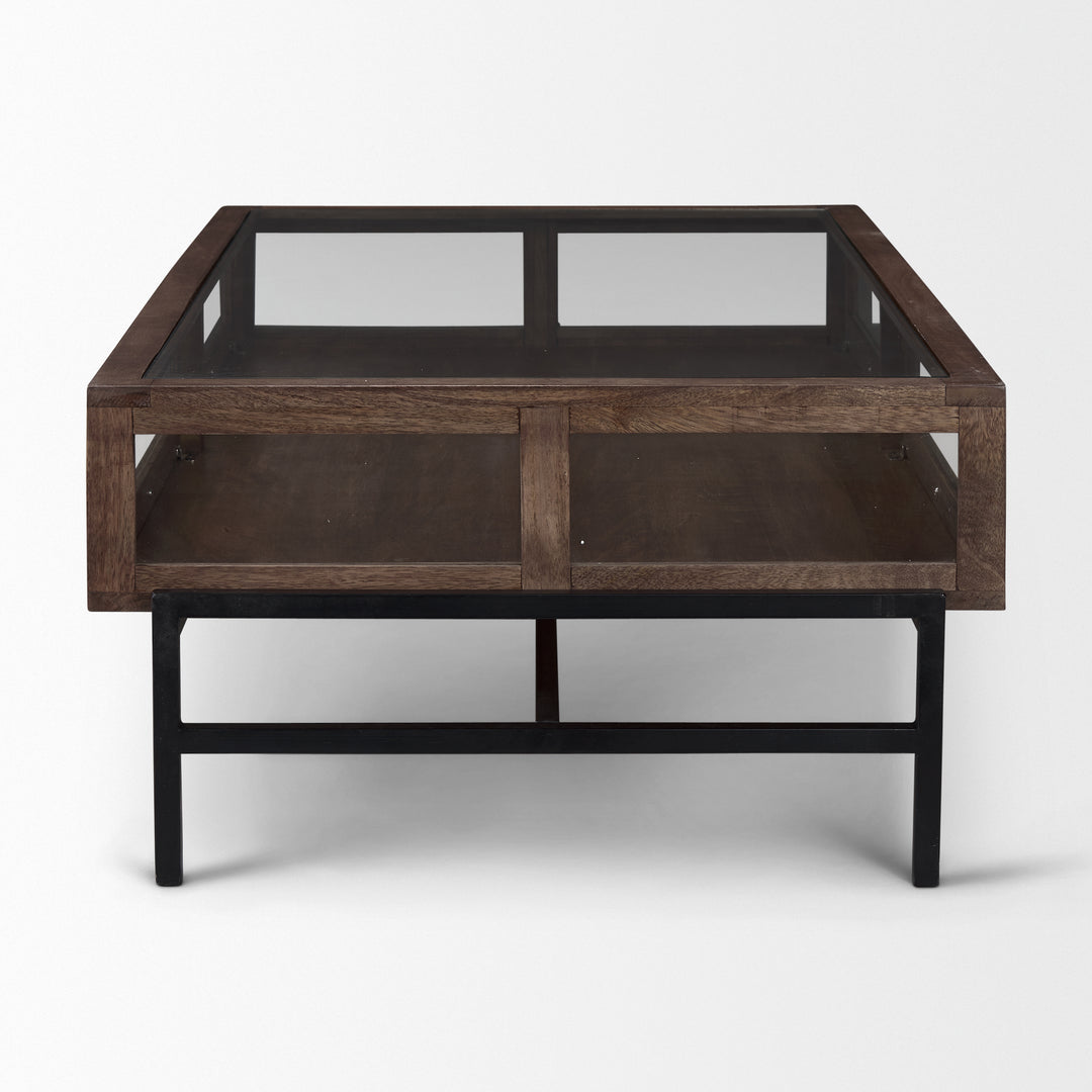 Arelius Rectangular Glass-Top Medium Brown Wood w/ Black Metal Base Display Coffee Table Living Room Mercana