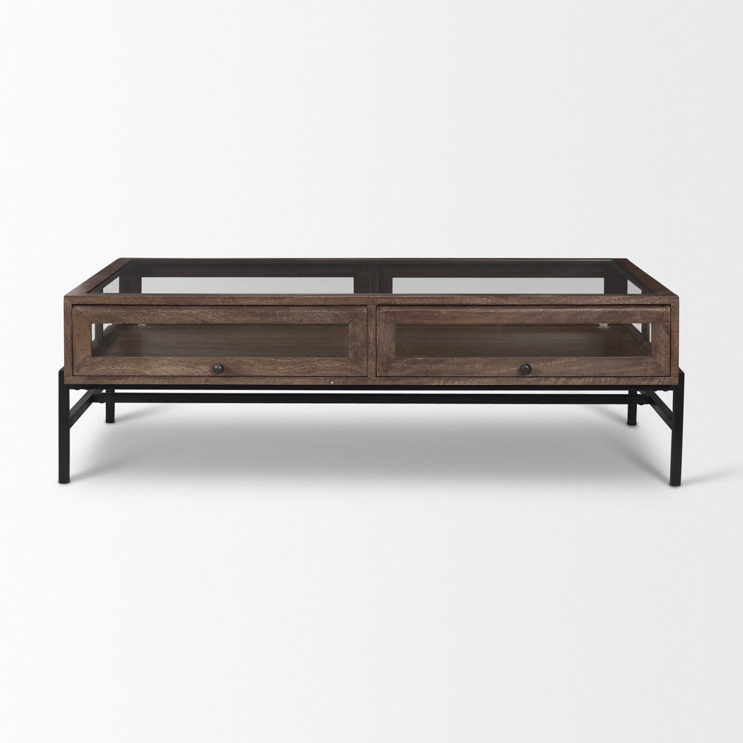 Arelius Rectangular Glass-Top Medium Brown Wood w/ Black Metal Base Display Coffee Table Living Room Mercana