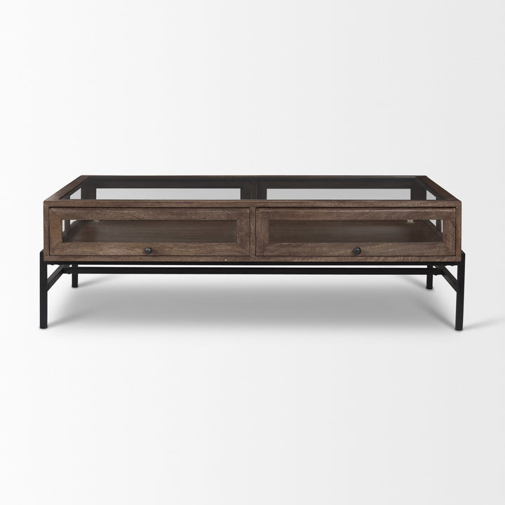 Arelius Rectangular Glass-Top Medium Brown Wood w/ Black Metal Base Display Coffee Table Living Room Mercana