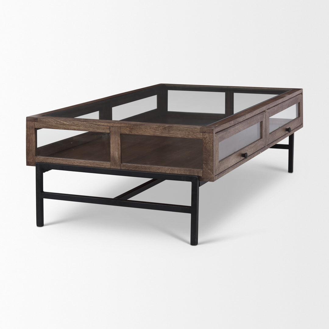 Arelius Rectangular Glass-Top Medium Brown Wood w/ Black Metal Base Display Coffee Table Living Room Mercana