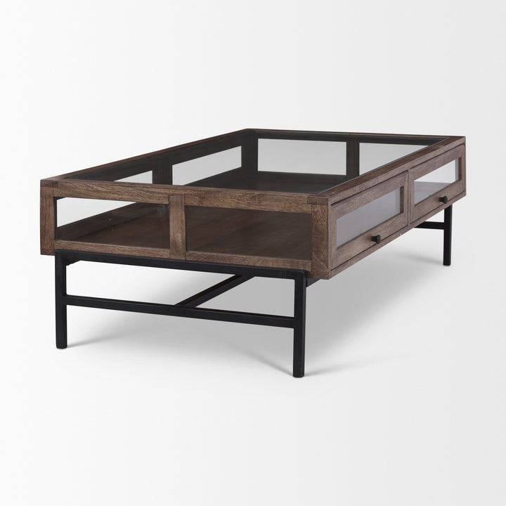 Arelius Rectangular Glass-Top Medium Brown Wood w/ Black Metal Base Display Coffee Table Living Room Mercana