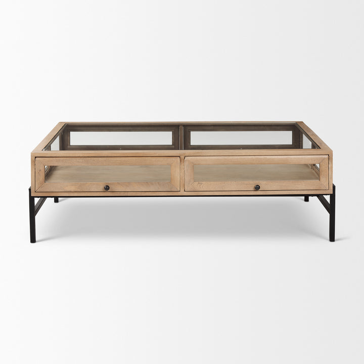 Arelius 42"L Rectangular Light Brown Wood w/ Black Metal Base Display Coffee Table Living Room Mercana
