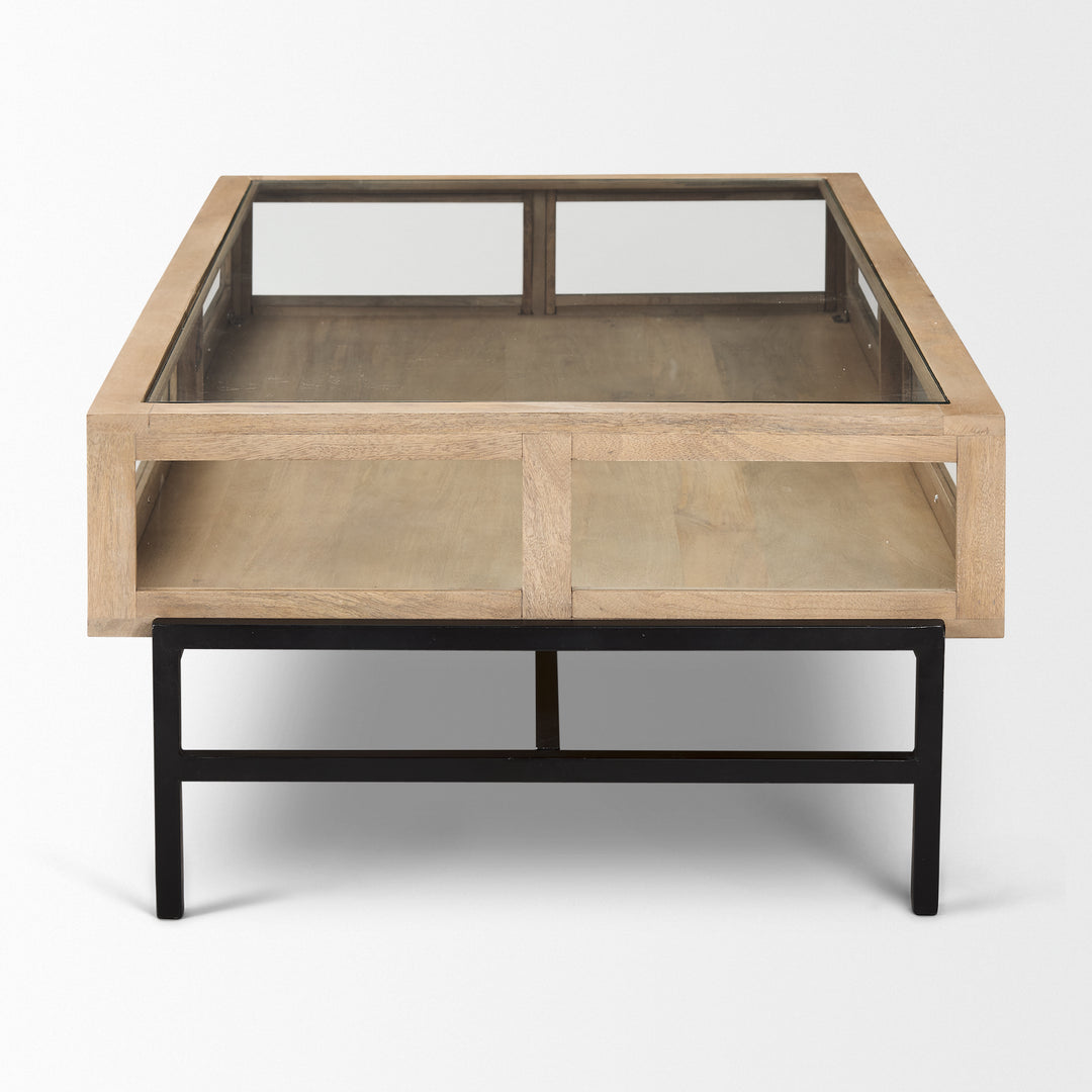 Arelius 42"L Rectangular Light Brown Wood w/ Black Metal Base Display Coffee Table Living Room Mercana