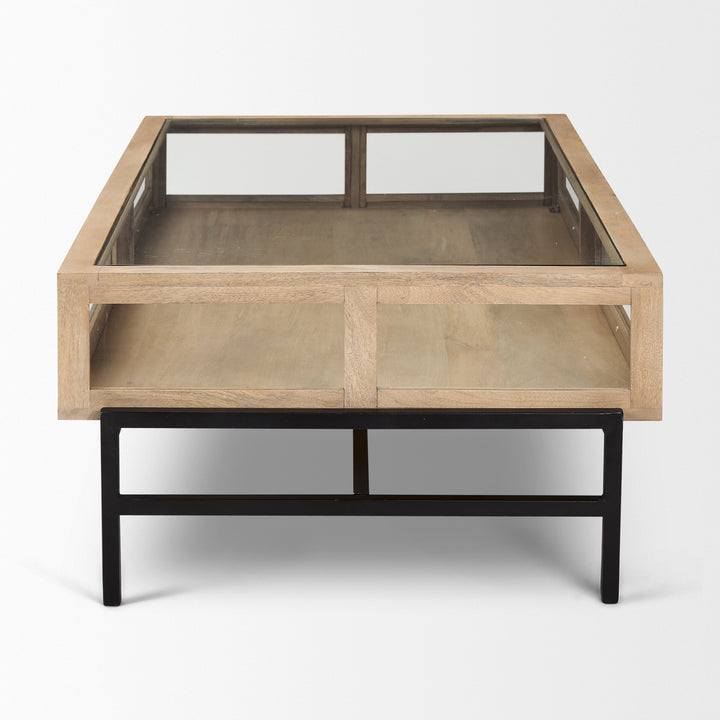 Arelius 42"L Rectangular Light Brown Wood w/ Black Metal Base Display Coffee Table Living Room Mercana