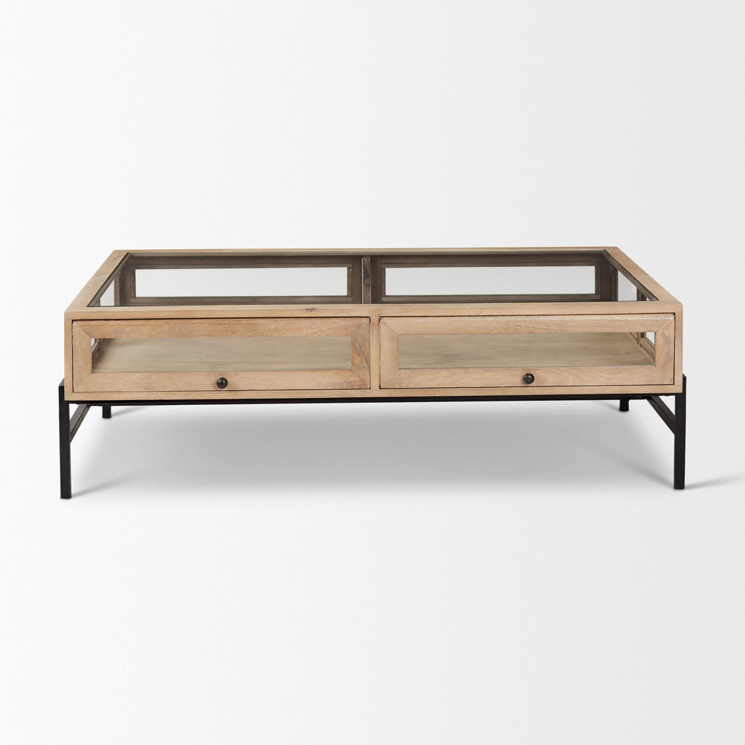 Arelius 42"L Rectangular Light Brown Wood w/ Black Metal Base Display Coffee Table Living Room Mercana