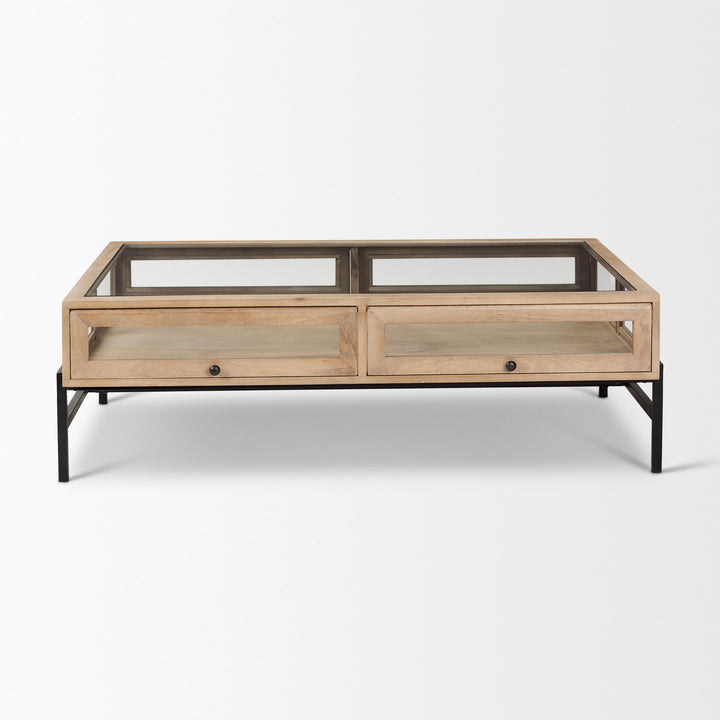 Arelius 42"L Rectangular Light Brown Wood w/ Black Metal Base Display Coffee Table Living Room Mercana
