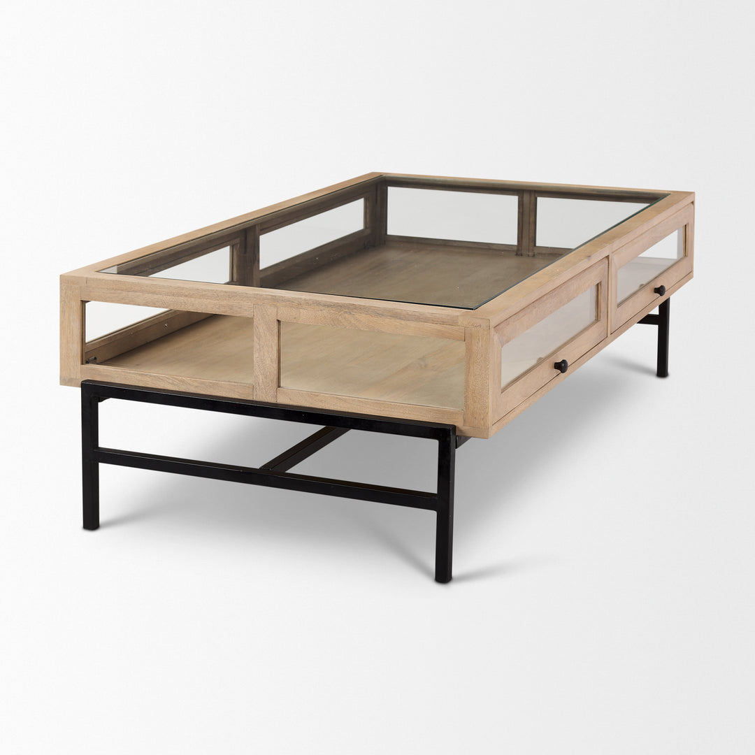 Arelius 42"L Rectangular Light Brown Wood w/ Black Metal Base Display Coffee Table Living Room Mercana