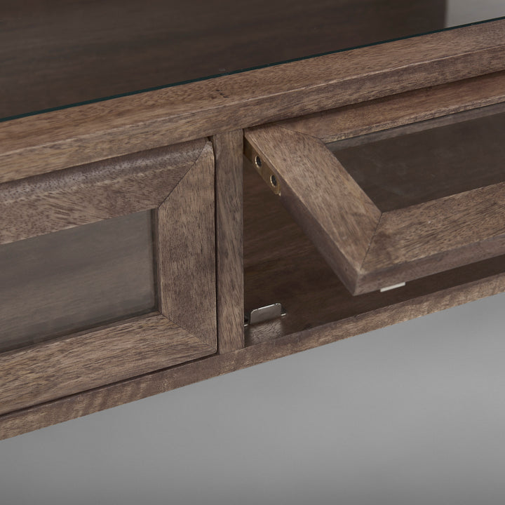 Arelius Rectangular Glass-Top Medium Brown Wood w/ Black Metal Base Display Coffee Table Living Room Mercana
