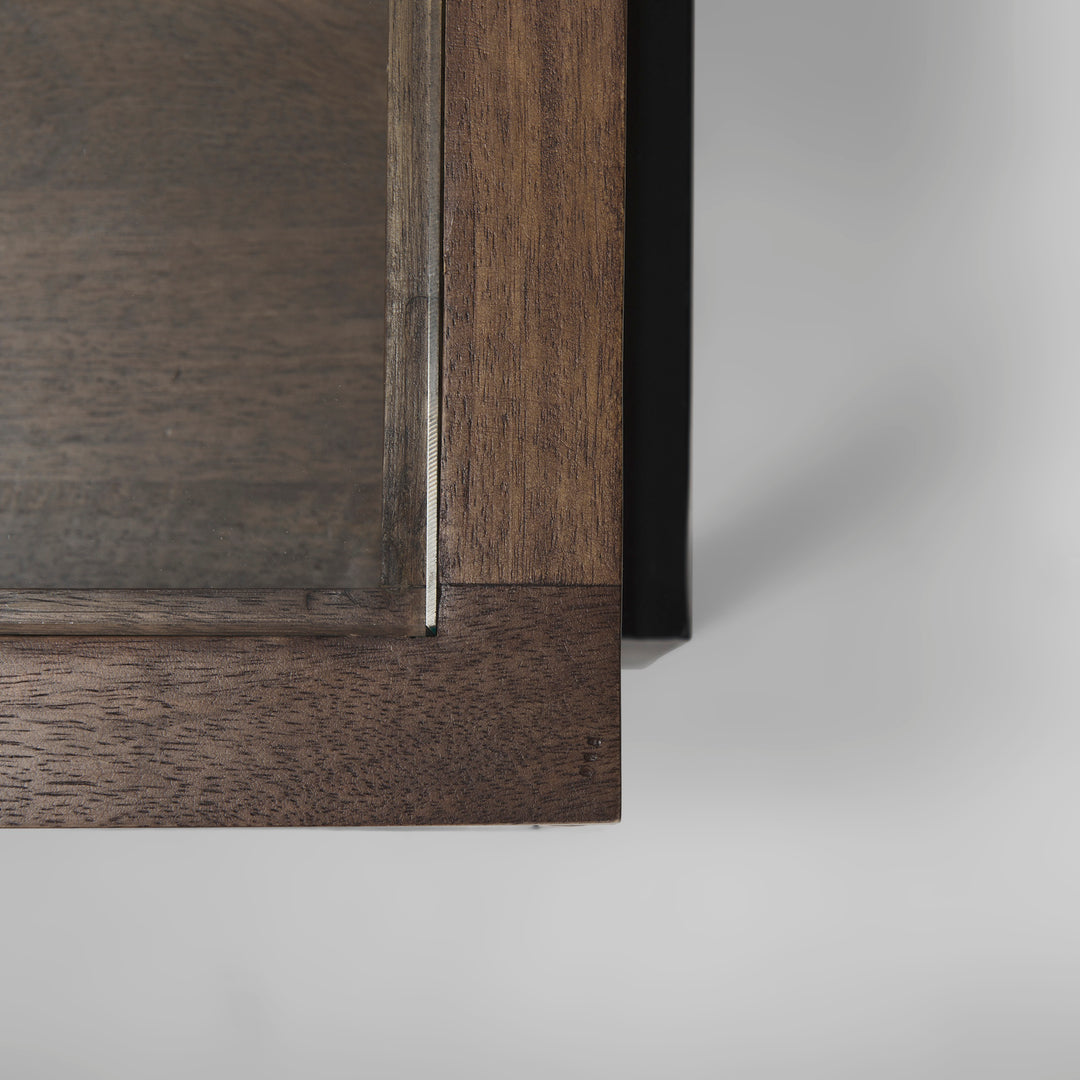 Arelius Rectangular Glass-Top Medium Brown Wood w/ Black Metal Base Display Coffee Table Living Room Mercana