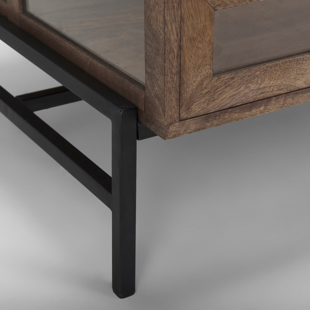 Arelius Rectangular Glass-Top Medium Brown Wood w/ Black Metal Base Display Coffee Table Living Room Mercana