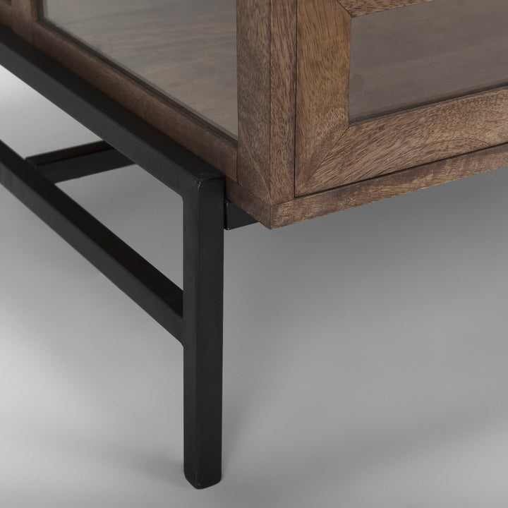 Arelius Rectangular Glass-Top Medium Brown Wood w/ Black Metal Base Display Coffee Table Living Room Mercana
