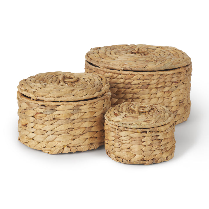 Kea Set of 3 Nesting Water Hyacinth Boxes with Lids Decor Mercana