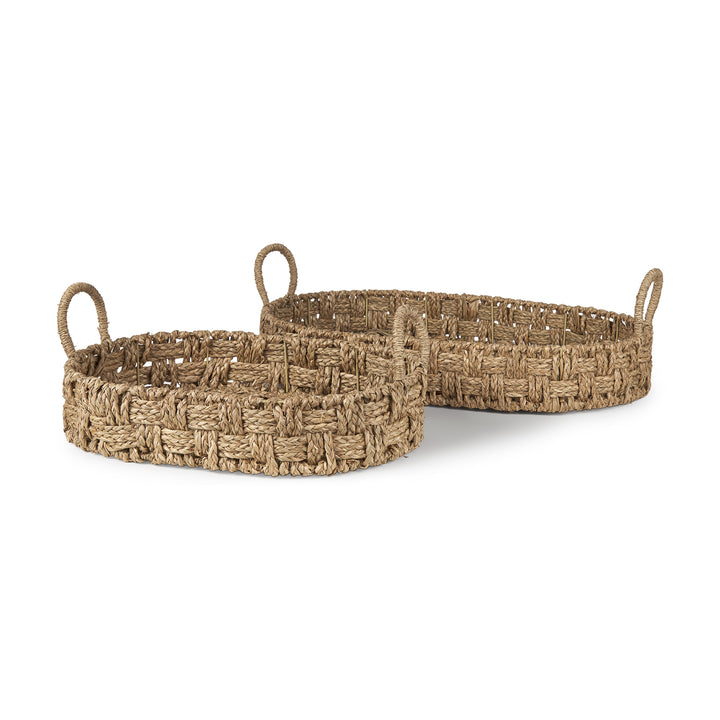 Haini Set of 2 Large Basketweave Seagrass Trays w/ Loop Handles Decor Mercana
