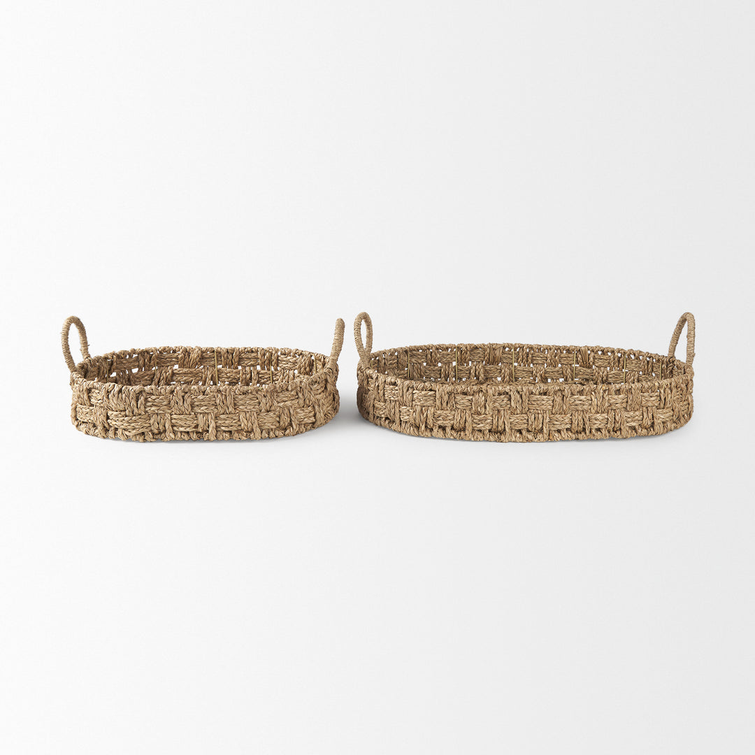 Haini Set of 2 Large Basketweave Seagrass Trays w/ Loop Handles Decor Mercana