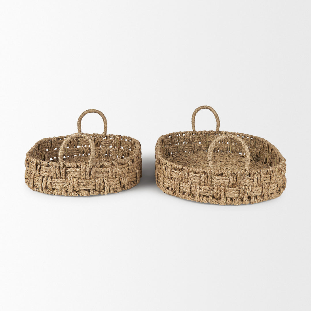 Haini Set of 2 Large Basketweave Seagrass Trays w/ Loop Handles Decor Mercana