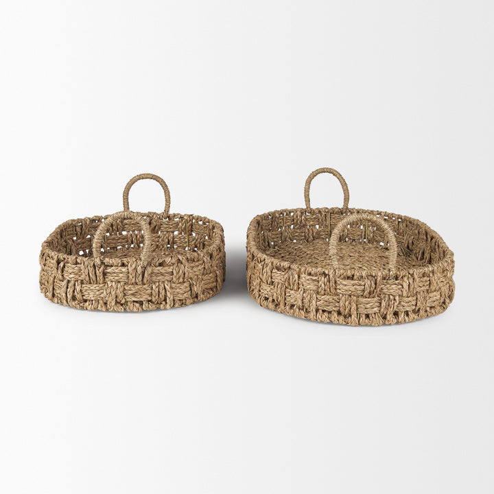 Haini Set of 2 Large Basketweave Seagrass Trays w/ Loop Handles Decor Mercana